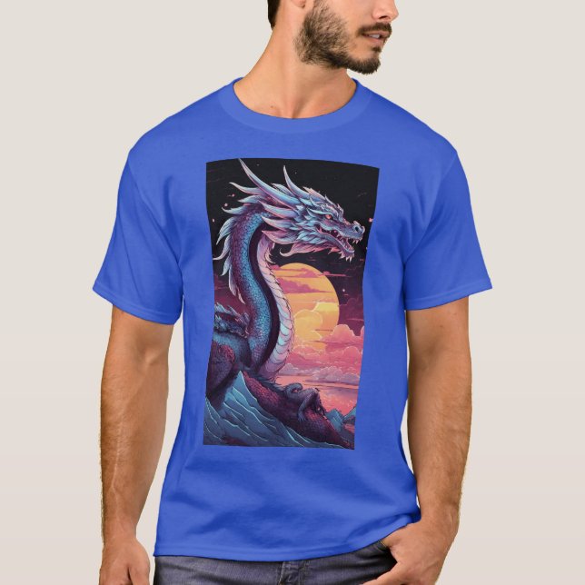 Camiseta un dragón plateado sobre un fondo negro con un sun (Anverso)