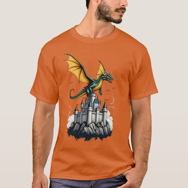Camiseta un dragón sobrevolando un castillo T-Shirt (Anverso)