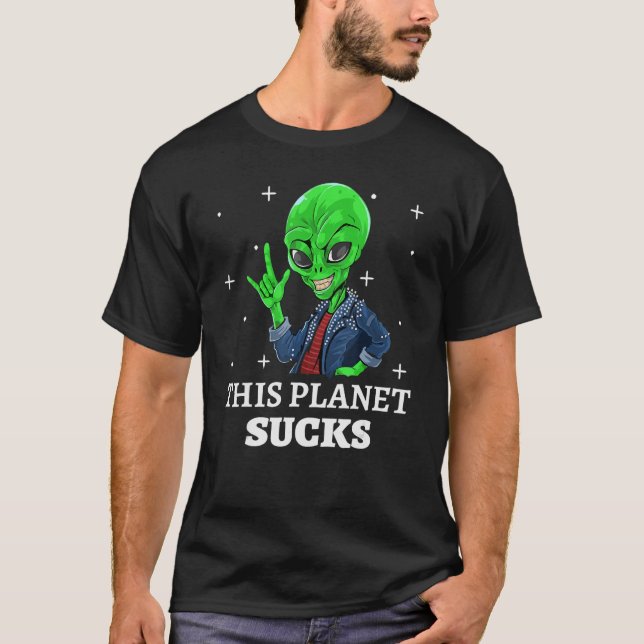 Camiseta Un extraño gracioso en Jean Jacket, este planeta g (Anverso)