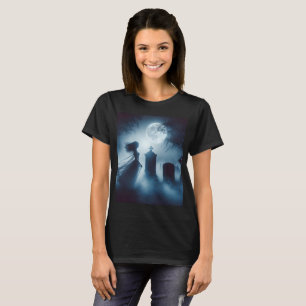 Camiseta un fantasma en un cementerio con una luna llena