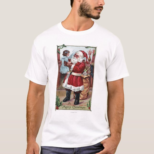 Camiseta Un feliz ChristmasSanta que detiene al chica en (Anverso)