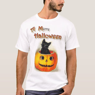 Camiseta "Un feliz Halloween", gato negro y Jack-o-linterna