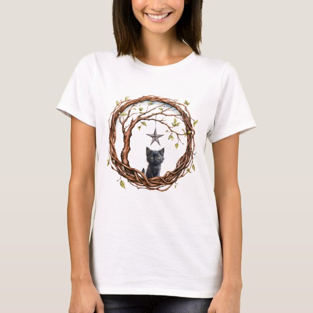 Camiseta Un gatito negro lindo mirando una estrella (Anverso)