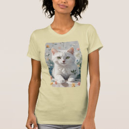 Camiseta Un gato blanco con flores.