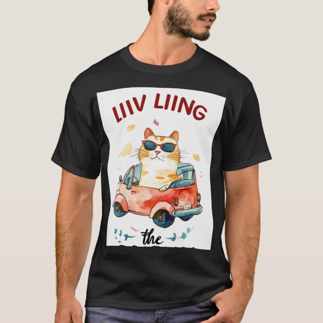 Camiseta Un gato chistoso en un coche minúsculo ilustracion (Anverso)
