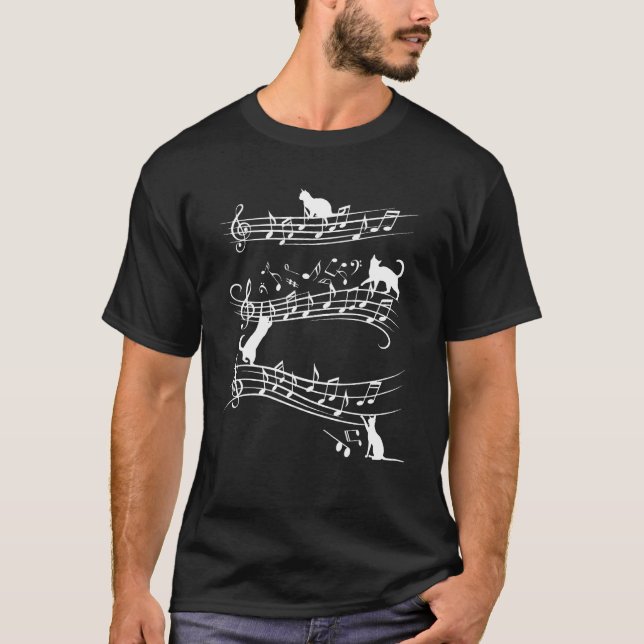 Camiseta Un Gato Cuto Jugando En Notas Musicales Piano Mus (Anverso)