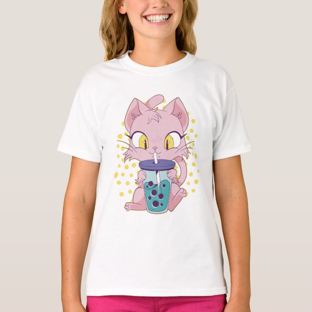 Camiseta Un gato de anime lindo bebiendo té de boba (Anverso)