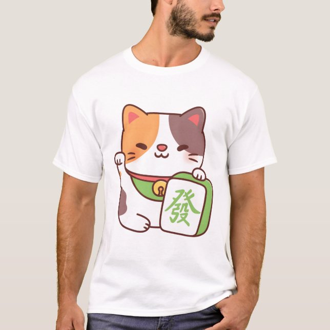 Camiseta Un Gato De Calico Afortunado Con Mahjong Tile Dive (Anverso)
