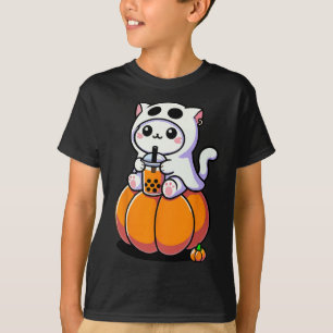 Camiseta Un Gato De Halloween Con Vestido De Fantasma Beber