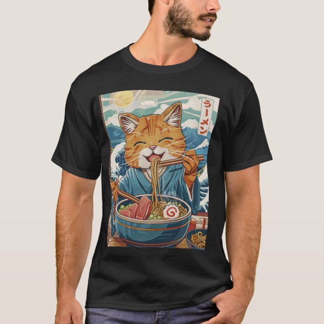 Camiseta Un gato de Ramen japonés tierno, la gran ola (Anverso)