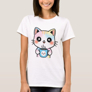Camiseta Un gato dulce pastel Kawaii con un Pegatina de caf