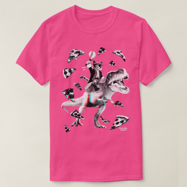 Camiseta Un gato Fiesta de T Re Pizza montando dinosaurios  (Diseño del anverso)