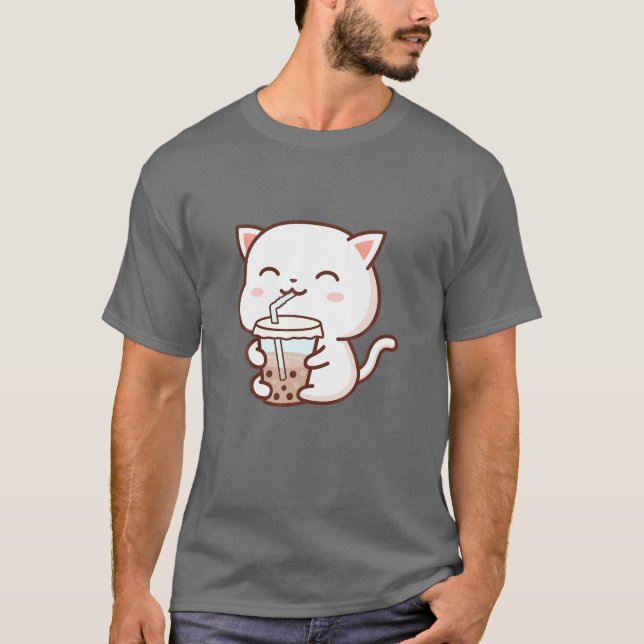 Camiseta Un gato lindo Boba Tea Bubble Tea Anime Kawaii Nek (Anverso)