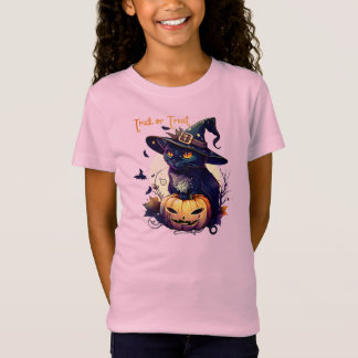 Camiseta Un gato lindo de Halloween con un gorra de brujas.