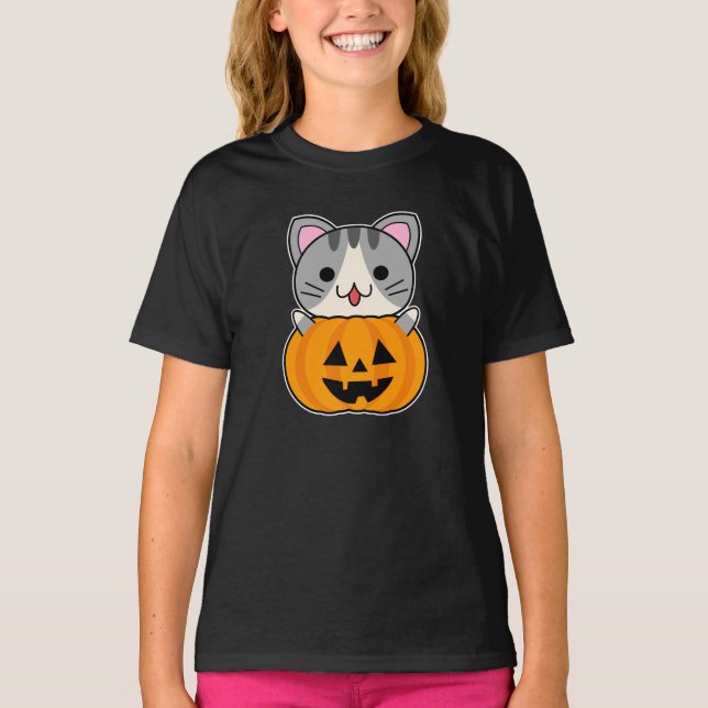 Camiseta Un gato lindo de Halloween en Jack o Lantern (Anverso)