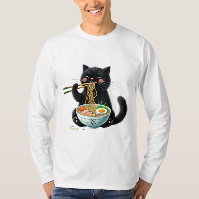 Camiseta Un gato lindo disfrutando de un tazón caliente de  (Anverso)