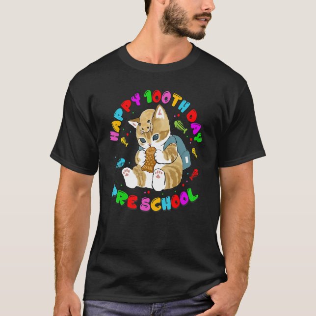 Camiseta Un gato lindo feliz 100° día de clases en la escue (Anverso)