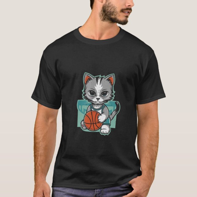 Camiseta un gato lindo juega baloncesto con ropa, divertido (Anverso)