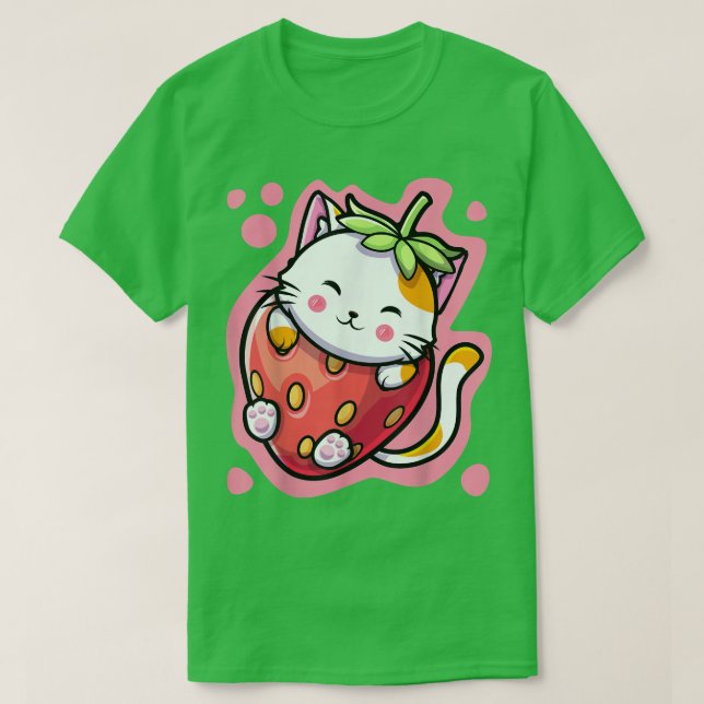 Camiseta Un gato lindo Kawaii Leche de fresa una mujer de a (Diseño del anverso)