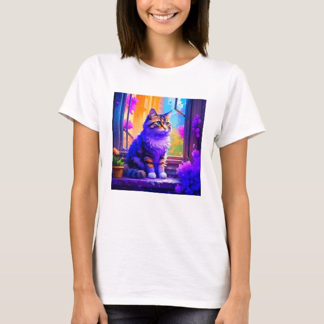 Camiseta Un gato lindo sentado en el arte de la ventana (Anverso)