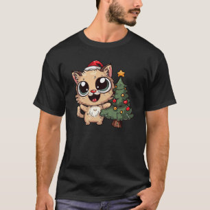 Camiseta Un gato loco y gracioso con un árbol de Navidad
