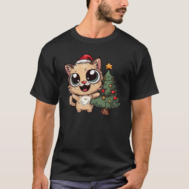 Camiseta Un gato loco y gracioso con un árbol de Navidad (Anverso)