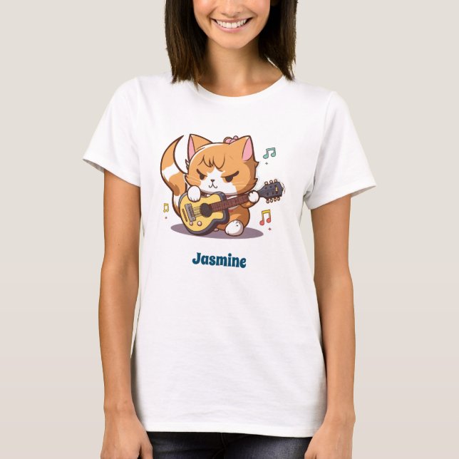 Camiseta Un gato Naranja lindo tocando guitarra (Anverso)