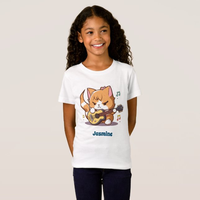 Camiseta Un gato Naranja lindo tocando guitarra (Anverso completo)