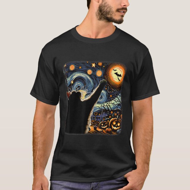 Camiseta Un gato negro disfraz Van Gogh Starry Night Funny  (Anverso)