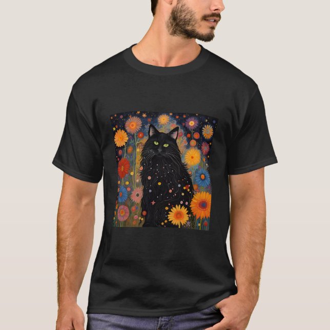 Camiseta Un Gato Negro Hermoso Como Noche Rodeado De Estrel (Anverso)