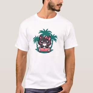 Camiseta Un gato negro lindo con gafas de moda y un coche