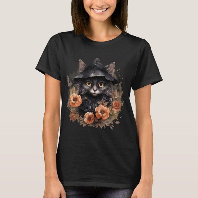 Camiseta Un gato negro lindo en el Gorra de una bruja (Anverso)