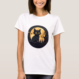 Camiseta Un gato negro lindo Luna llena Halloween moderno