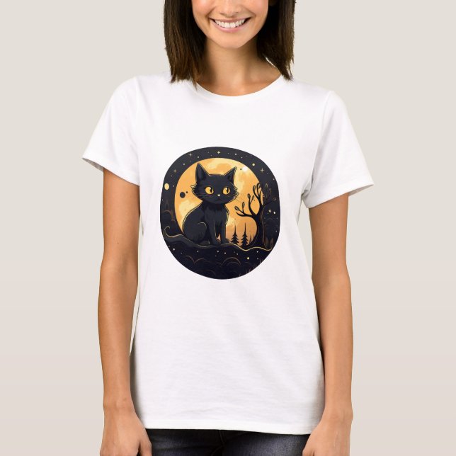 Camiseta Un gato negro lindo Luna llena Halloween moderno (Anverso)
