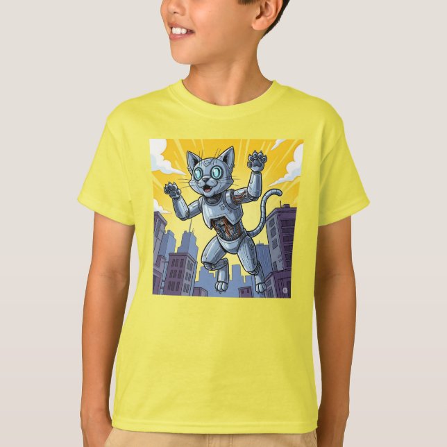 Camiseta ¡Un gato robot corriendo loco en la ciudad! (Anverso)
