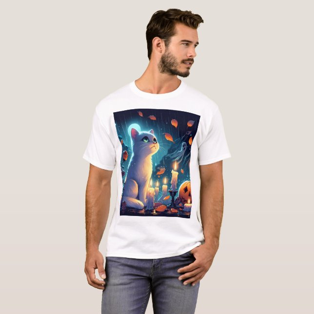 Camiseta un gato sentado frente a una calabaza con un fanta (Anverso completo)