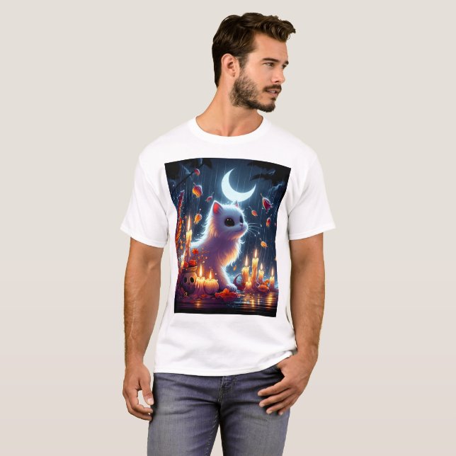 Camiseta un gato sentado frente a una luna (Anverso completo)