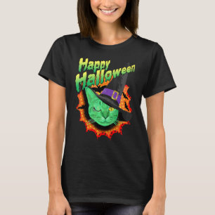 Camiseta Un gato verde guiñando dice Feliz Halloween Hallow
