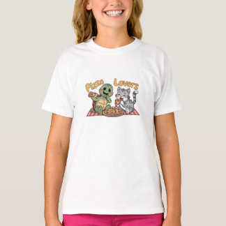 Camiseta Un gato y una tortuga adoran comer pizza