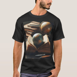 Camiseta un globo se sienta en un montón de libros con lápi