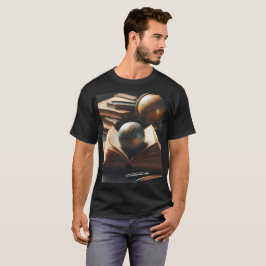 Camiseta un globo se sienta en un montón de libros con lápi