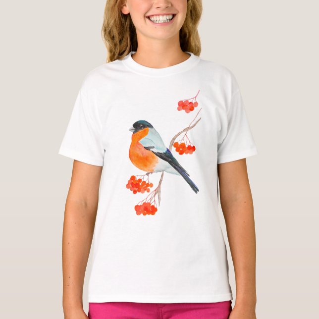 Camiseta Un gracioso bullfinch en una rama de un árbol de r (Anverso)