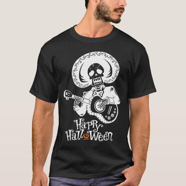 Camiseta Un gracioso esqueleto tocando guitarra, versión bl (Anverso)