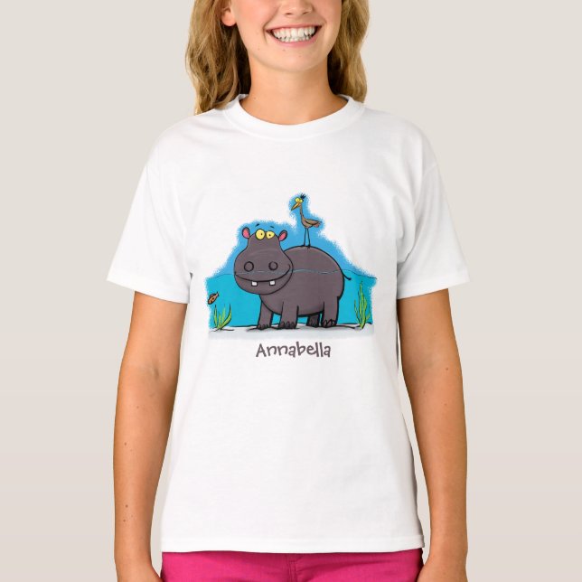 Camiseta Un gracioso hipopótamo con personalizado de pájaro (Anverso)