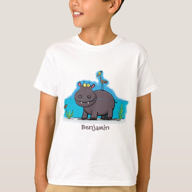 Camiseta Un gracioso hipopótamo con personalizado de pájaro (Anverso)
