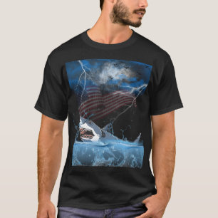 Camiseta un gran tiburón saltando del agua durante un sinie