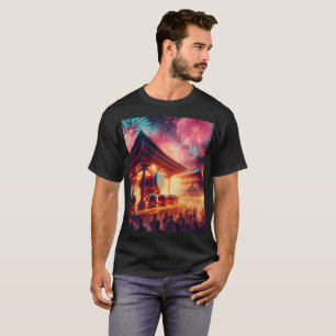 Camiseta un hombre está parado frente a los fuegos artifici
