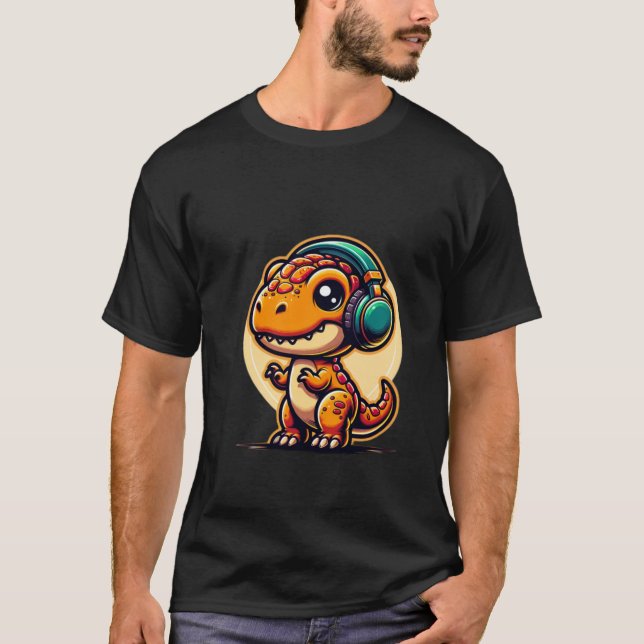 Camiseta Un lindo bebé dinosaurio con auriculares (Anverso)