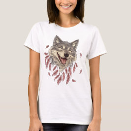 Camiseta Un lobo sonriente feliz en plumas