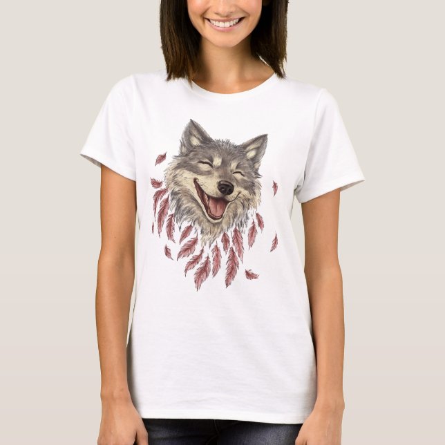 Camiseta Un lobo sonriente feliz en plumas (Anverso)